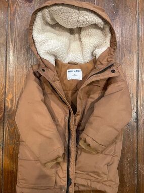 Old Navy Toddler Brown Hooded Puffer Coat with Sherpa Lining